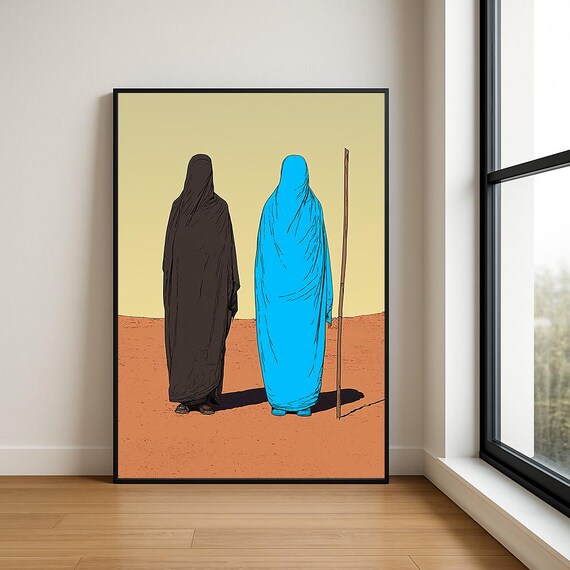Veiled Figures Walking in Desert Blue Black Minimalist Art Poster