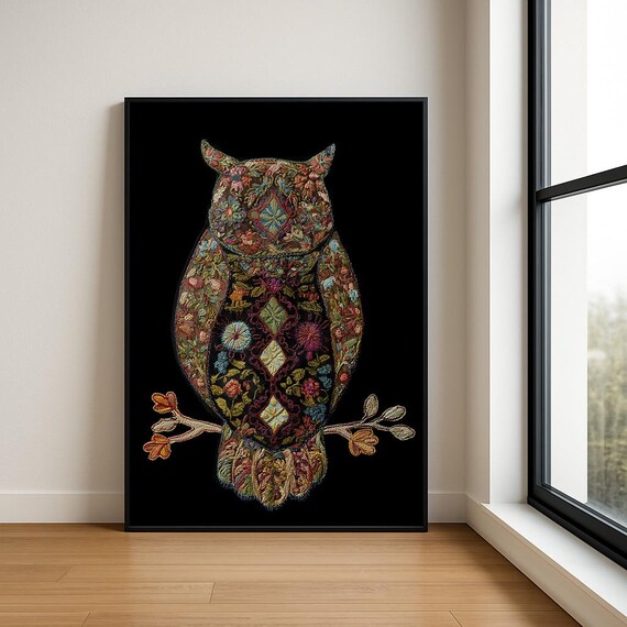Colourful Embroidered Animal Wall Art Boho Illustration Print Vibrant Textile Style Home Decor