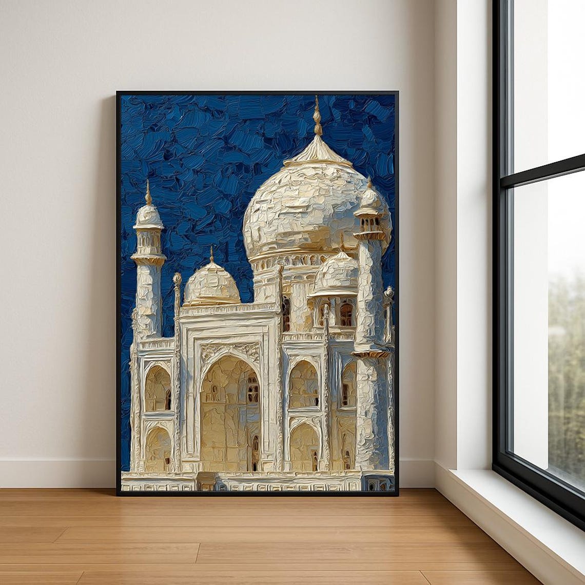 Taj Mahal India White Marble Domes Night Sky Oil Painting Poster