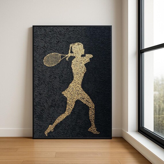 Gold Tennis Player Serve Black Gold Textured Sports Wall Art