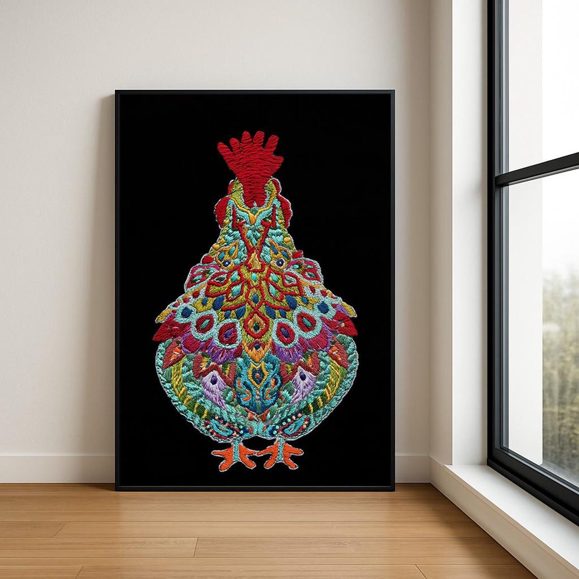 Colorful Embroidered Hen Back View Floral Boho Chicken Art Poster