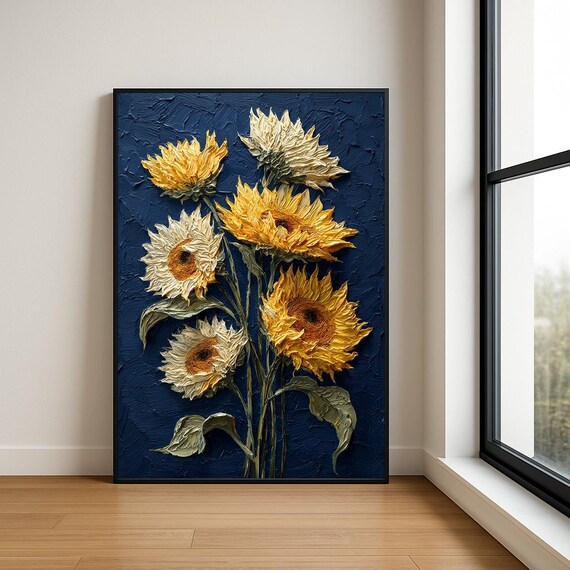 Golden Sunflowers on Dark Navy Textured Impasto Floral Poster