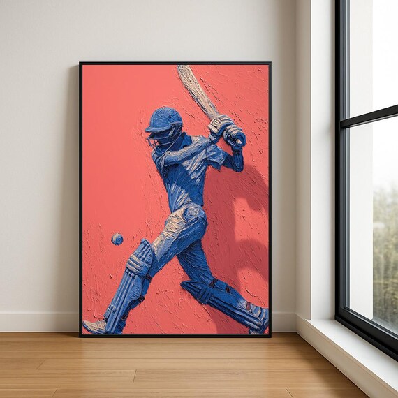 Blue Cricket Batsman Warm Coral Textured Modern Sports Poster
