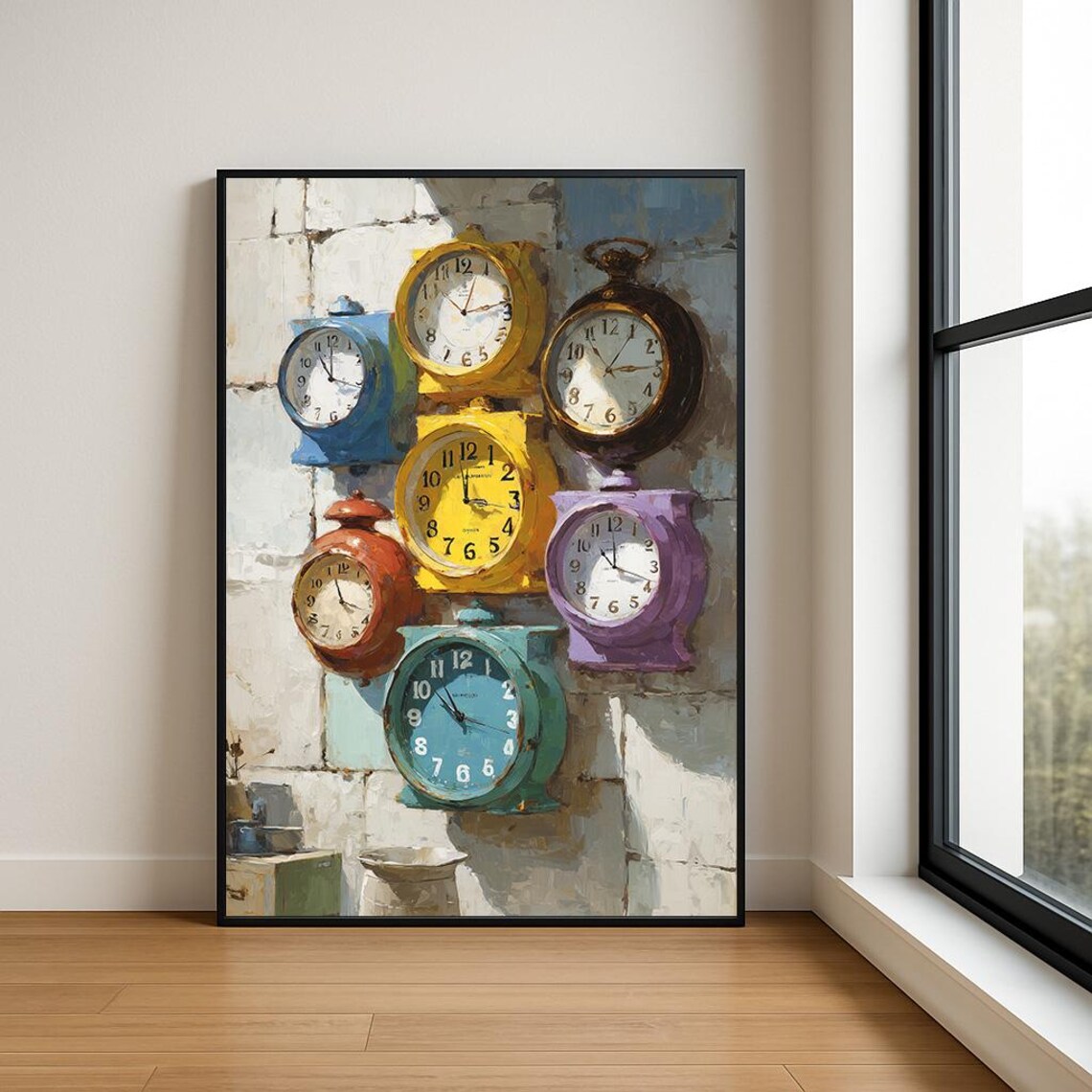 Seven Vintage Clocks Stone Wall Retro Timepiece Gallery Poster