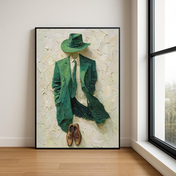 Modern Gentleman Abstract Oil Painting Suit Hat Wall Art Luxury Decor Print