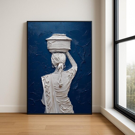 Woman Balancing Vessel Cobalt Blue Textured Oil Painting Poster