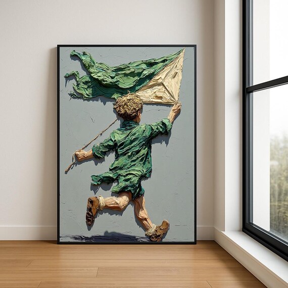 Boy Flying Green Kite Textured Impasto Oil Painting Kids Poster