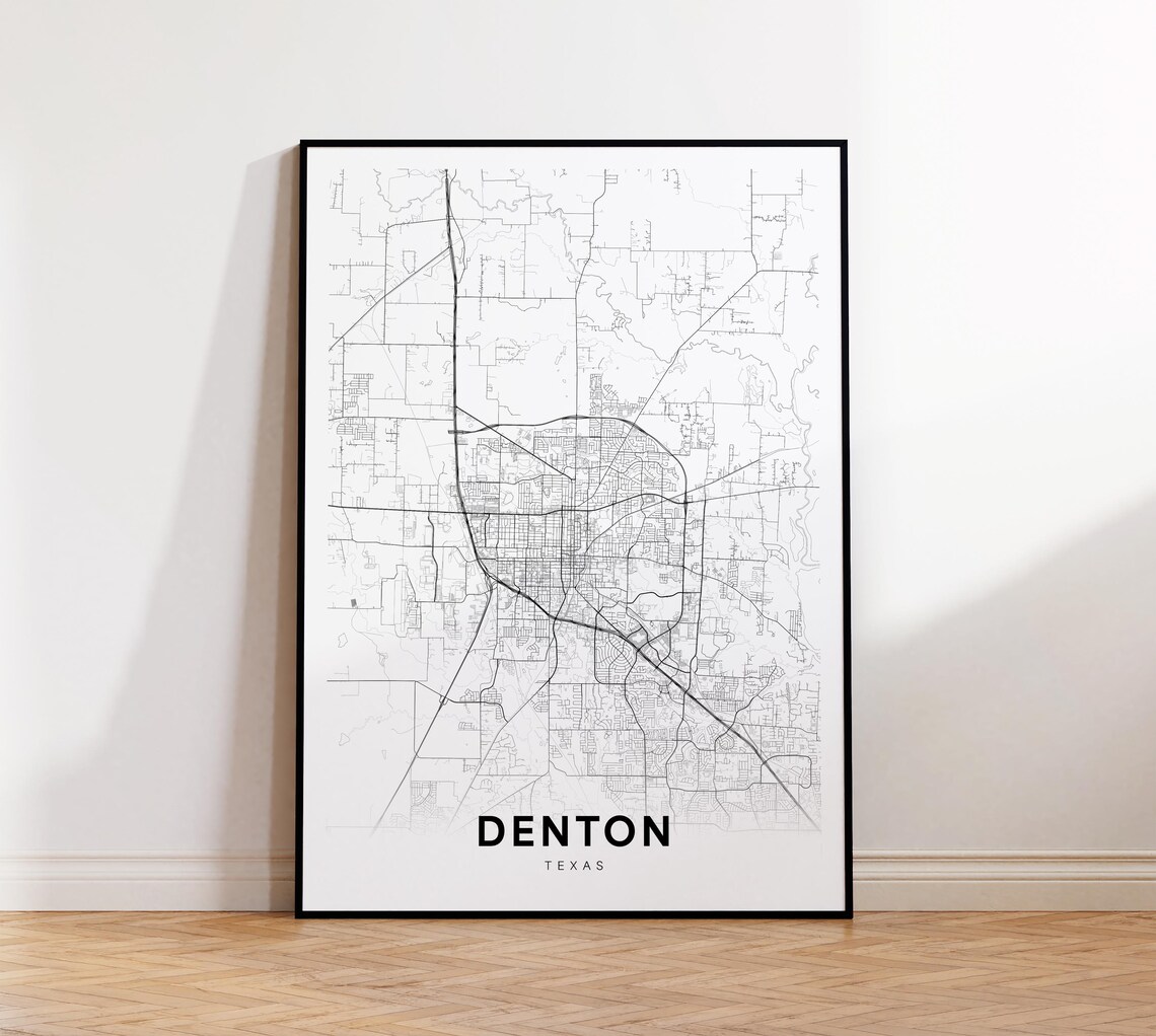 Denton Texas Minimalist Street Map City Poster in Black and White