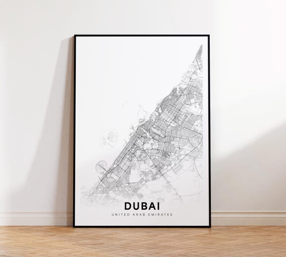 Dubai City Map Poster Larger Area Uae Art Black And White Minimalist