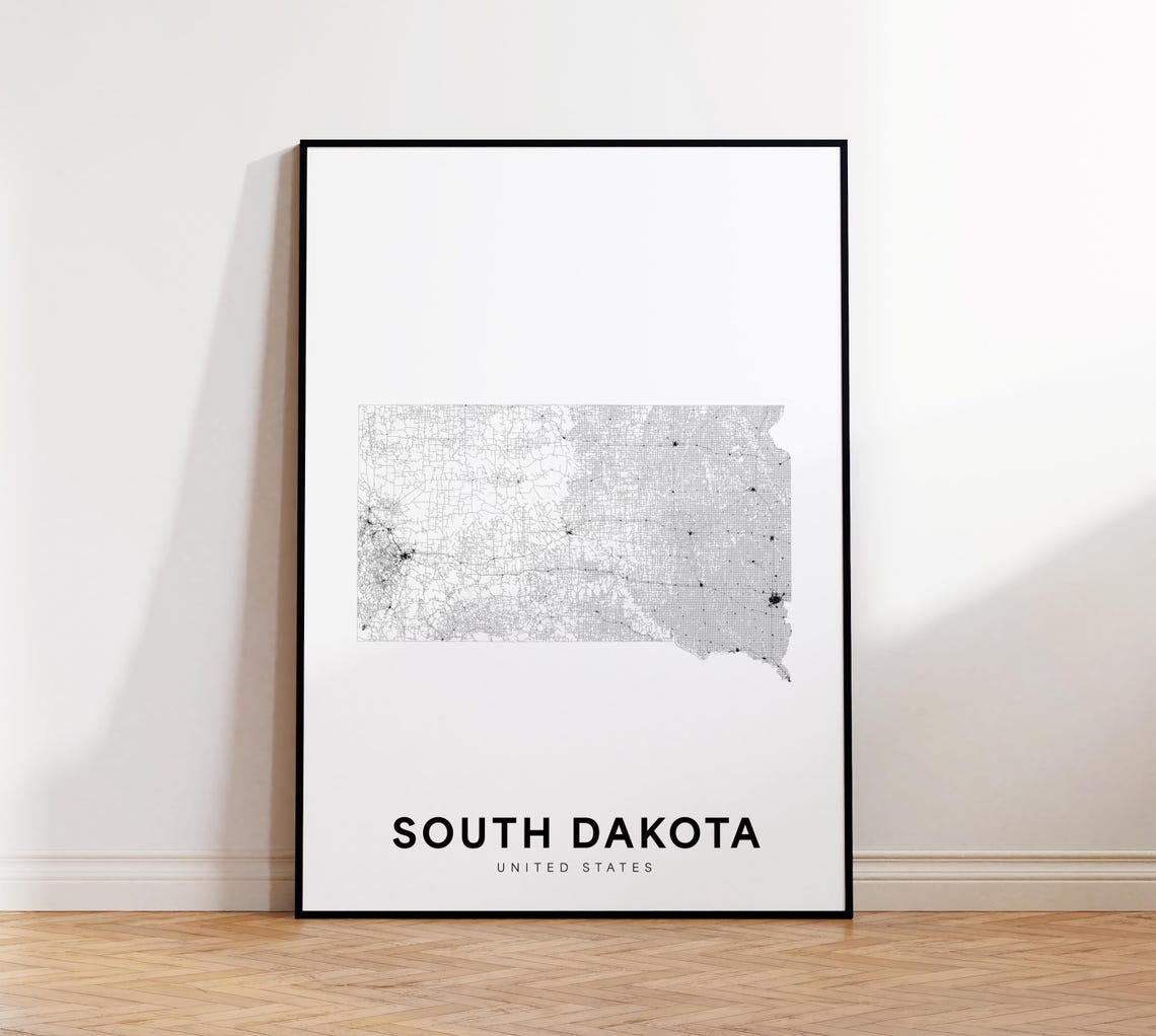 South Dakota State Minimalist Outline Map Black and White Wall Art