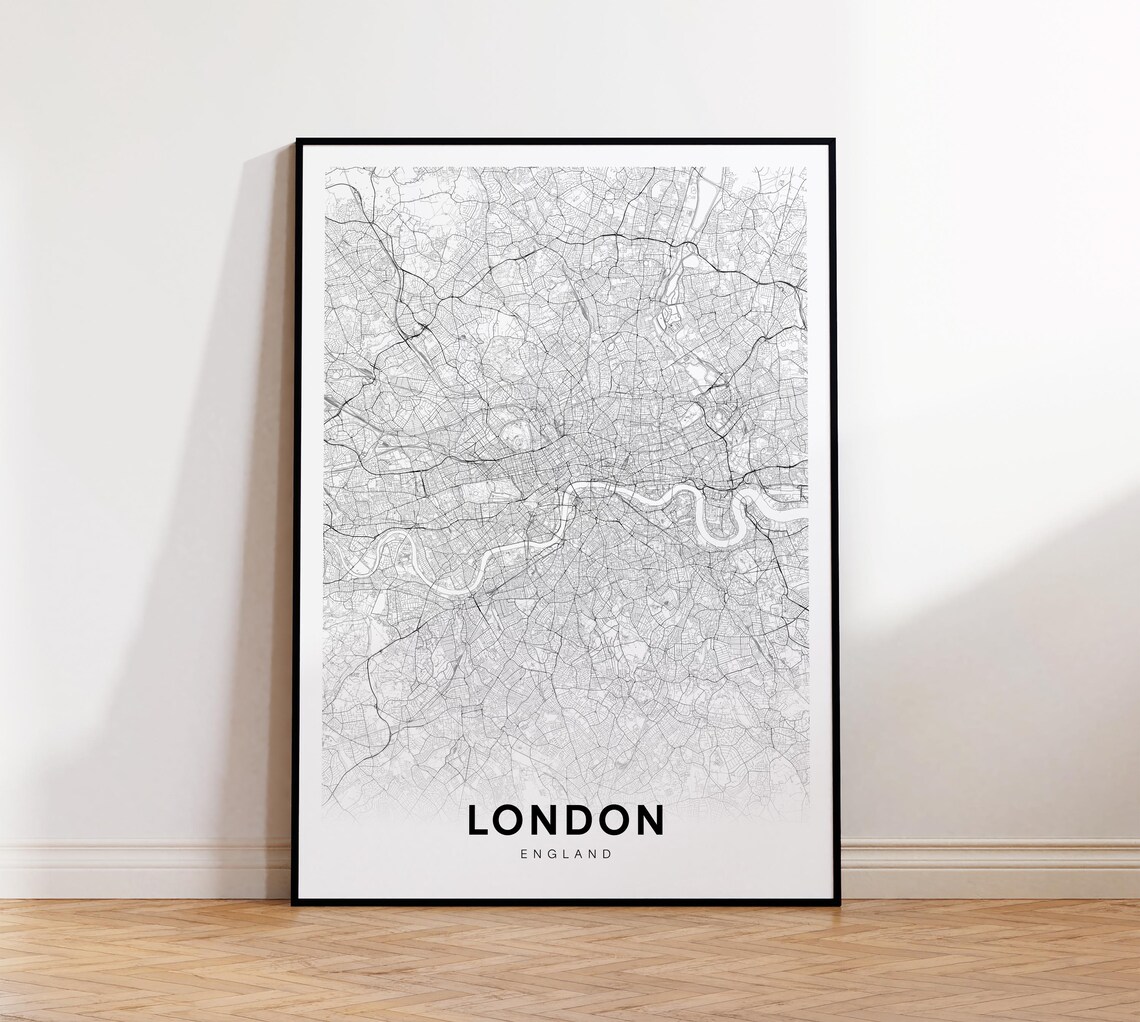 London England Minimalist Street Map City Poster in Black and White