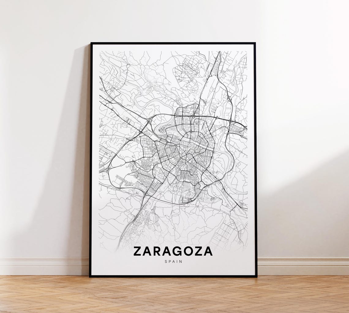 Zaragoza Spain Minimalist Black and White Street Map Art Poster