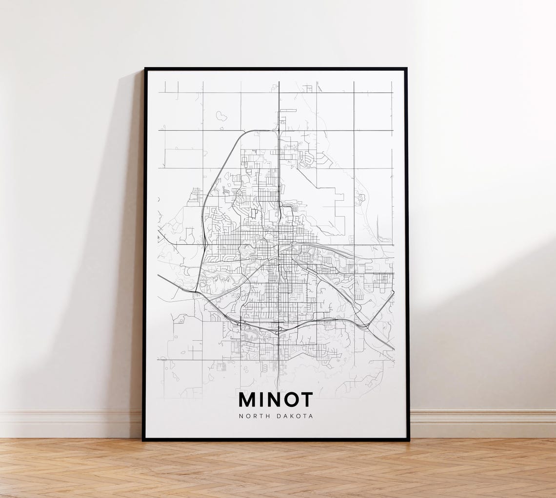 Minot North Dakota Minimalist Black White City Map Art Poster