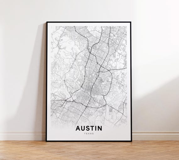 Austin Tx City Map Street Texas Usa Poster Modern Road Minimalist Black And White Wall Art Decor