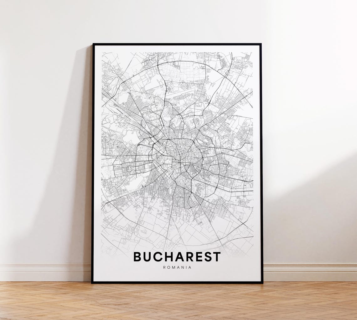 Bucharest City Map Street Romania Minimalist Print Decor Wall Art Instant