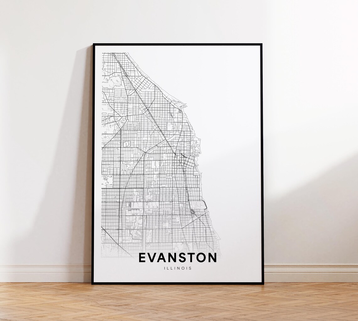 Evanston Illinois Street Map Minimalist Black White City Poster