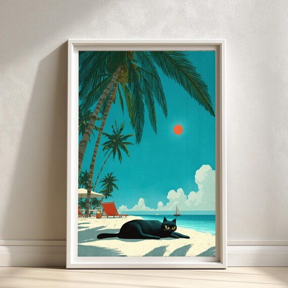 Black Cat Lounging On A Sunny Tropical Beach With Palm Trees Poster