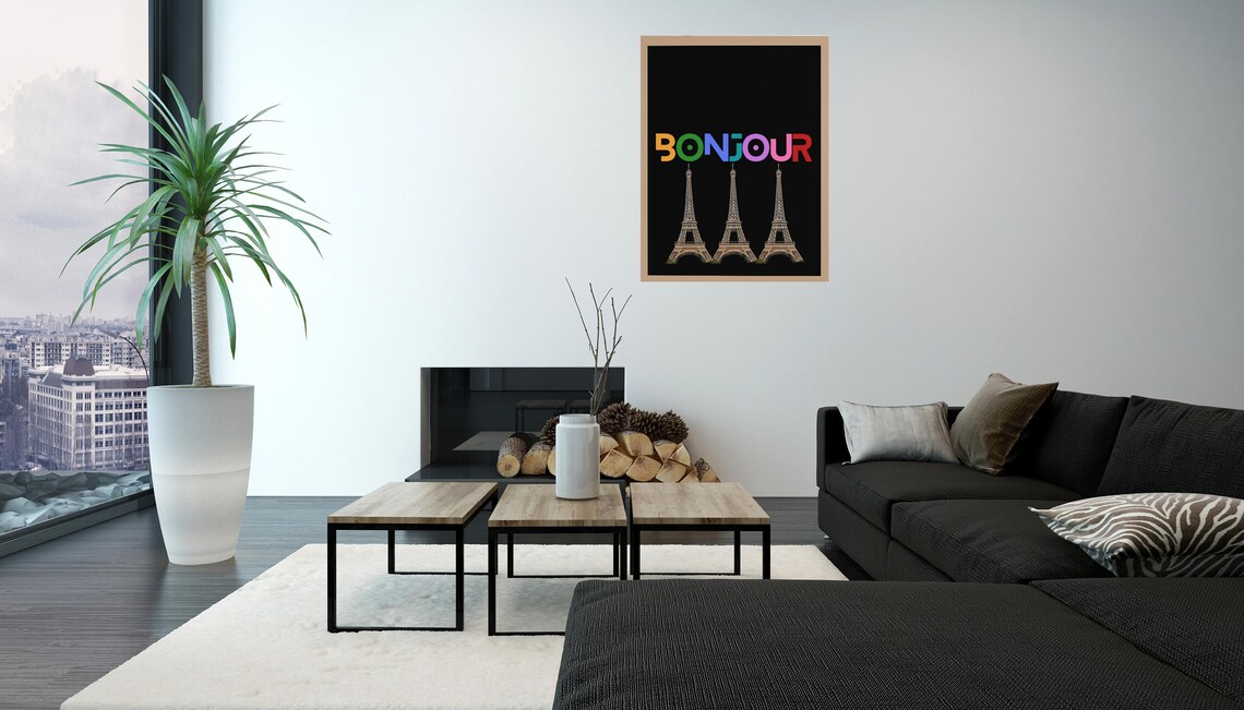 Bonjour Paris Colorful Eiffel Tower Trio Typography on Black Poster - Image 7