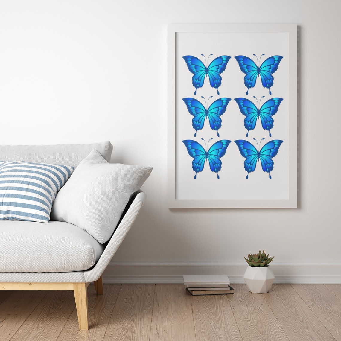 Blue Butterfly Grid Watercolor Six Insects Preppy Wall Poster - Image 5