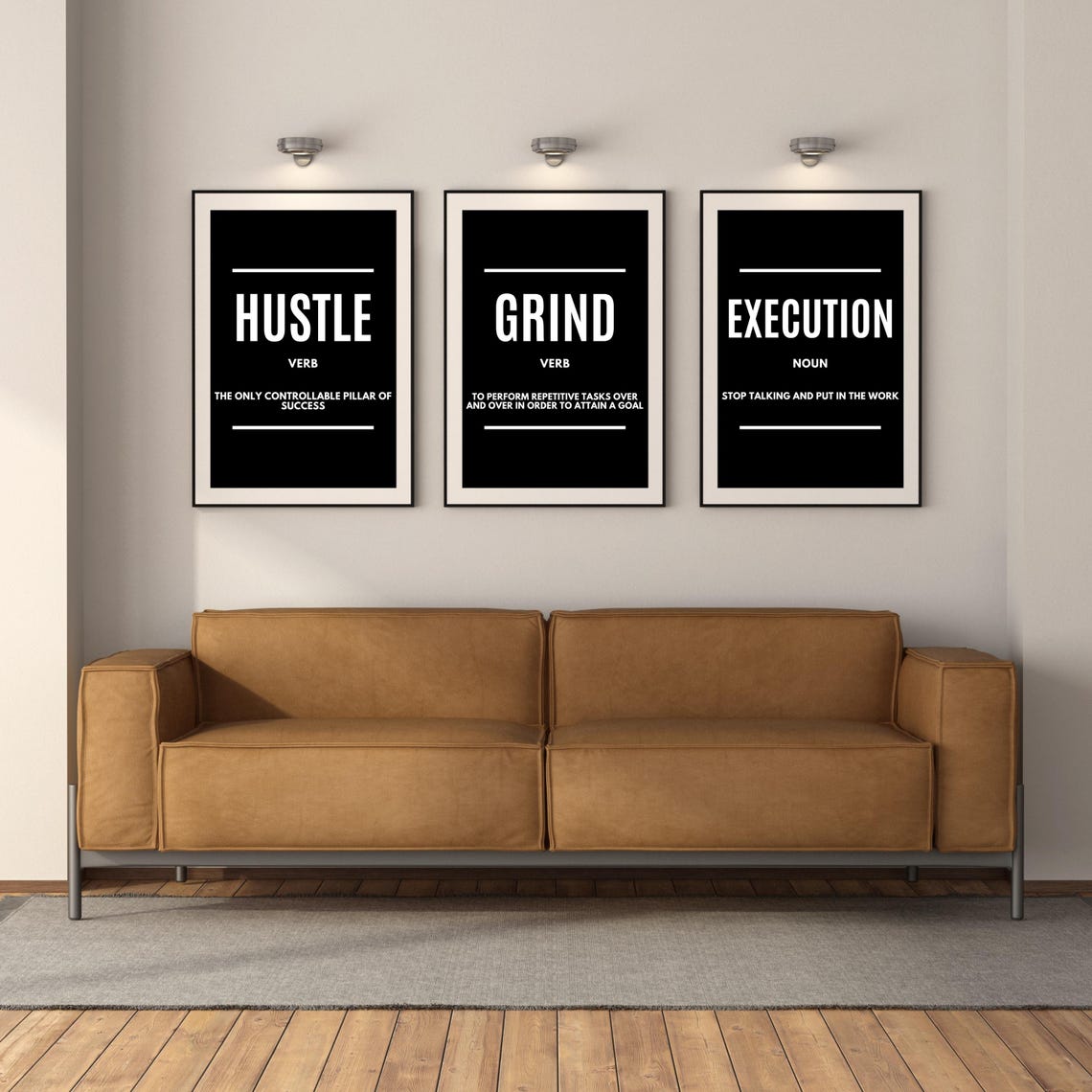 Hustle Grind Execution Three Piece Black White Quote Poster Set