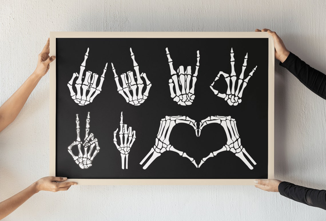 Skeleton Hands Making Hand Signs Black Funny Anatomy Wall Poster