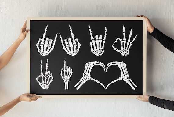 Skeleton Hands Making Hand Signs Black Funny Anatomy Wall Poster