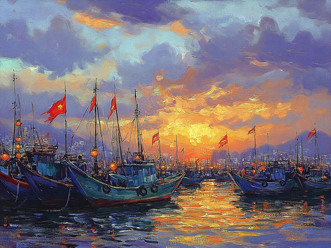 Vietnamese Harbor Sunset, Coastal City Skyline Art Print - Image 2