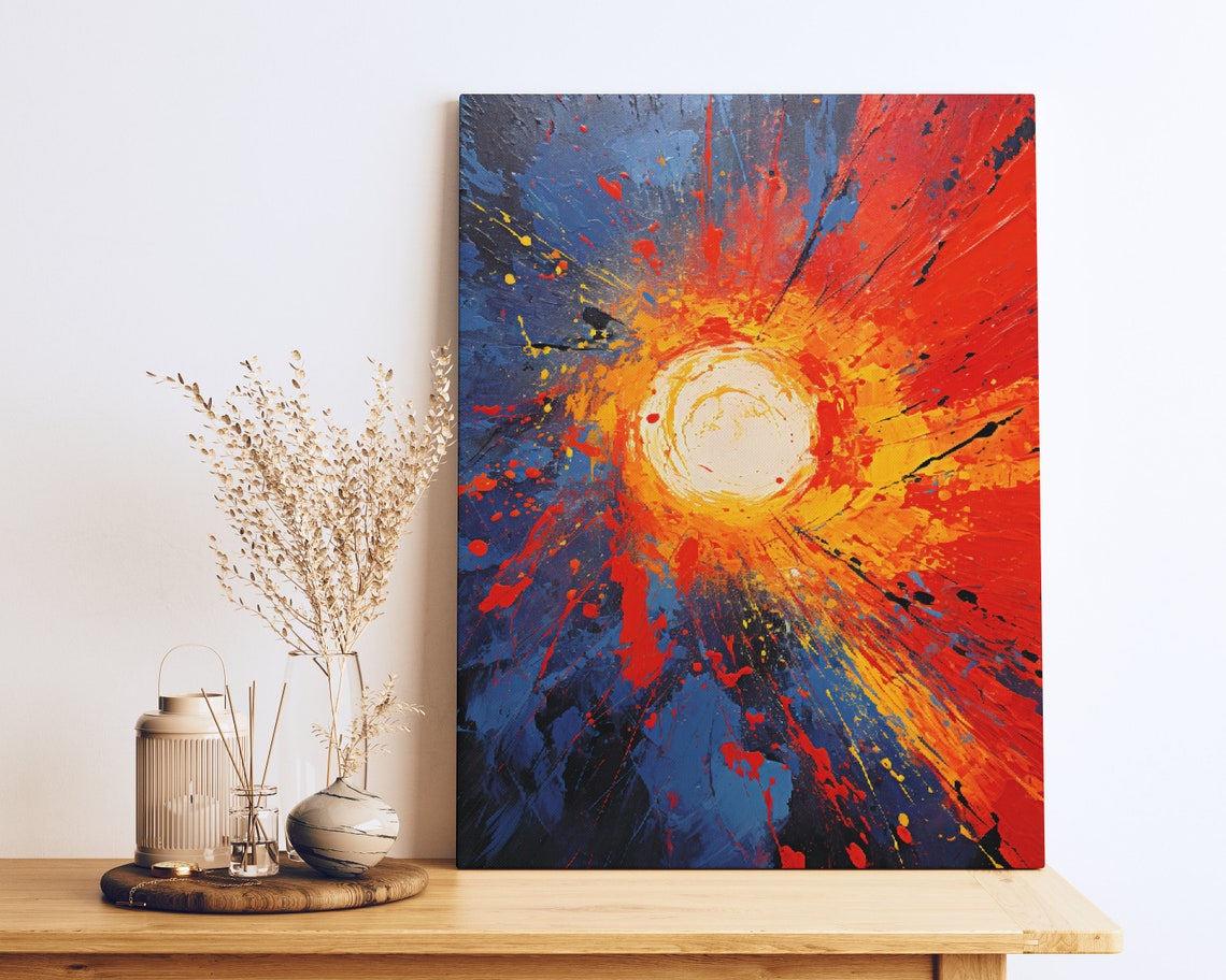 Sunburst Abstract Painting Radiant Sun Red Blue Splash Poster