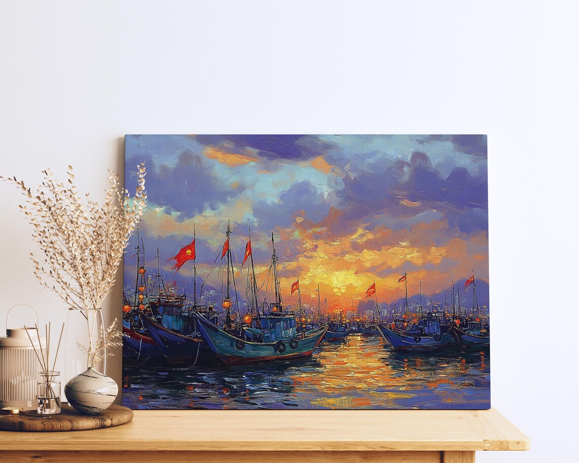 Vietnamese Harbor Sunset, Coastal City Skyline Art Print
