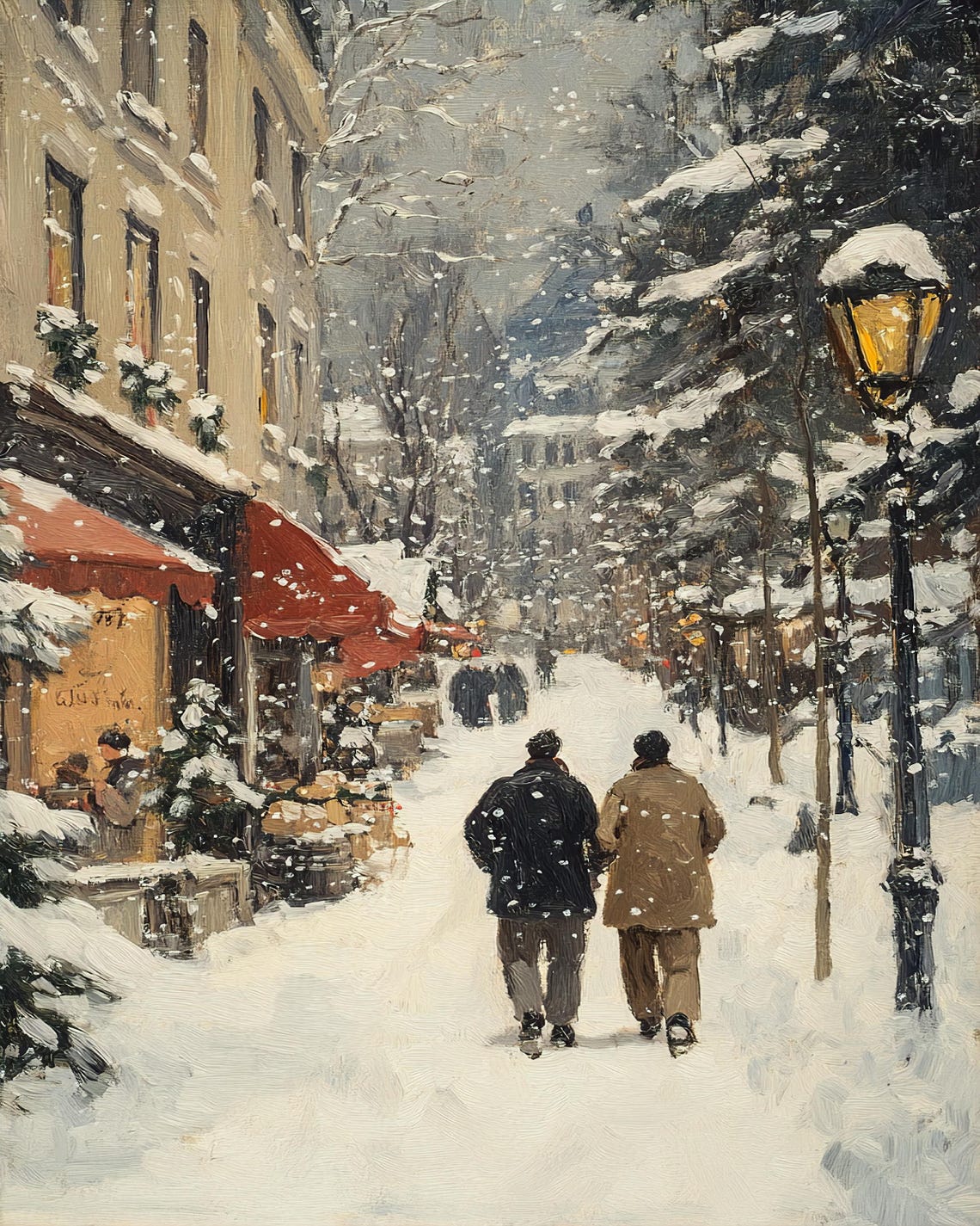 Oil Painting Of Parisian Winter Street Snowy Shopping Scene Holiday Market Stroll French Cityscape Wall Art - Image 2