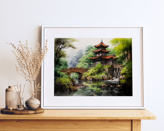 Expressive Watercolor Painting Kyoto Temples Scenery Historical Architecture Art Tranquil Home Decor