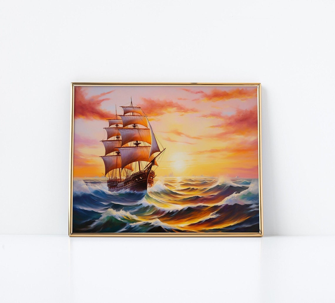 Tall Sailing Ship Painting Sunset Ocean Waves Nautical Poster - Image 2
