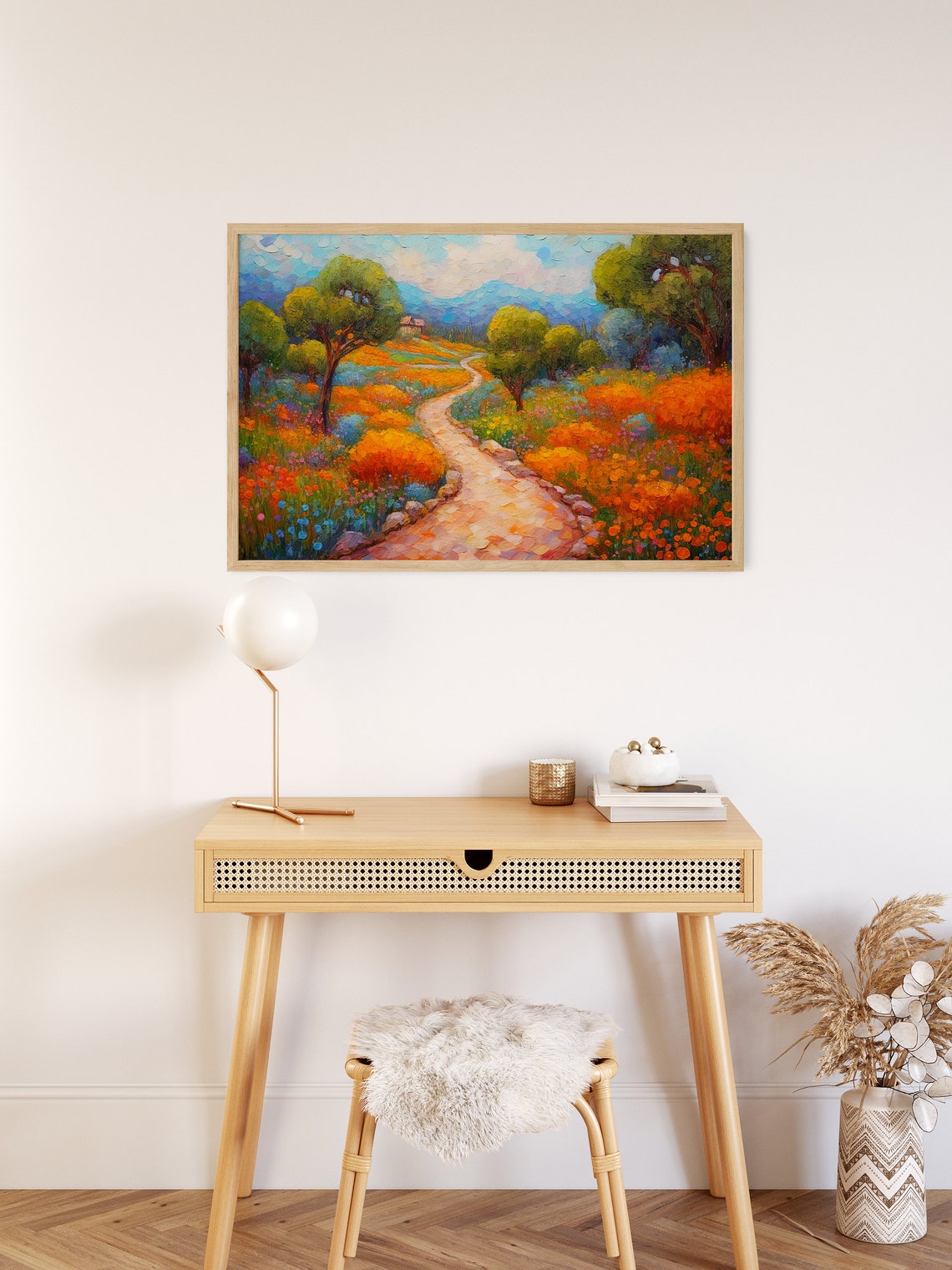 Poppy Path Rolling Hills Pointillist Orange Bloom Landscape Poster - Image 2