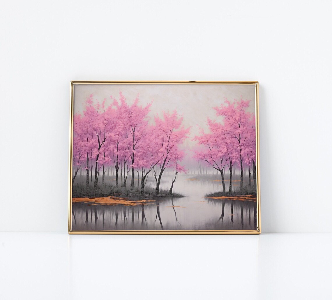 Pink Lake Landscape Oil Painting Traditional Chinese Wall Art Purple And Silver Nature Print Oriental Lake Scene Wall Art - Image 2