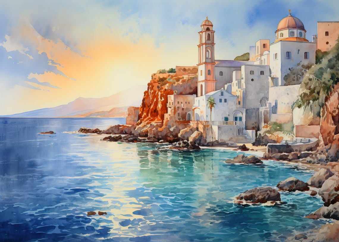 Greek Island Village Watercolor Coastal Church Sunset Poster - Image 3