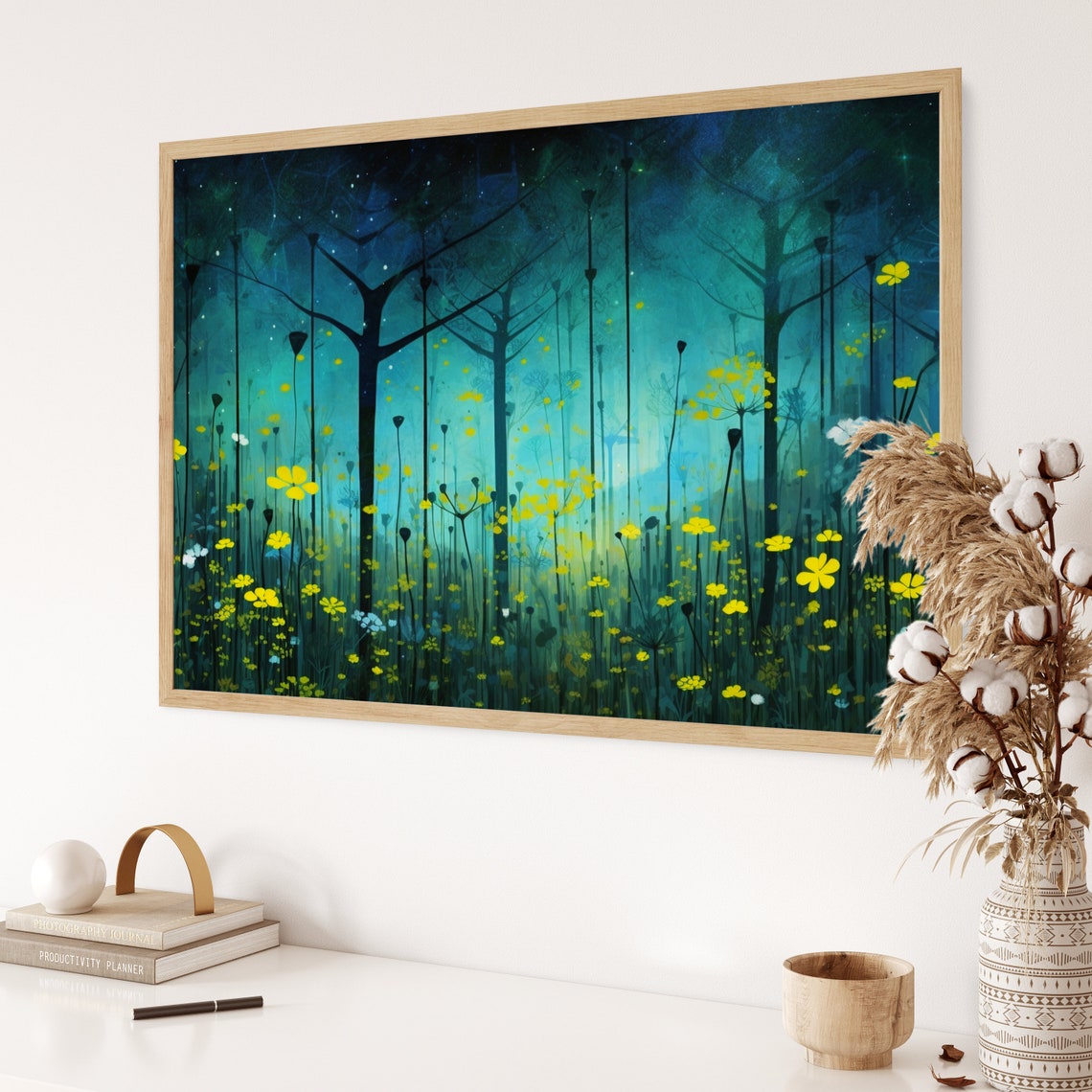 Enchanted Night Forest Yellow Wildflowers Starry Teal Poster - Image 3