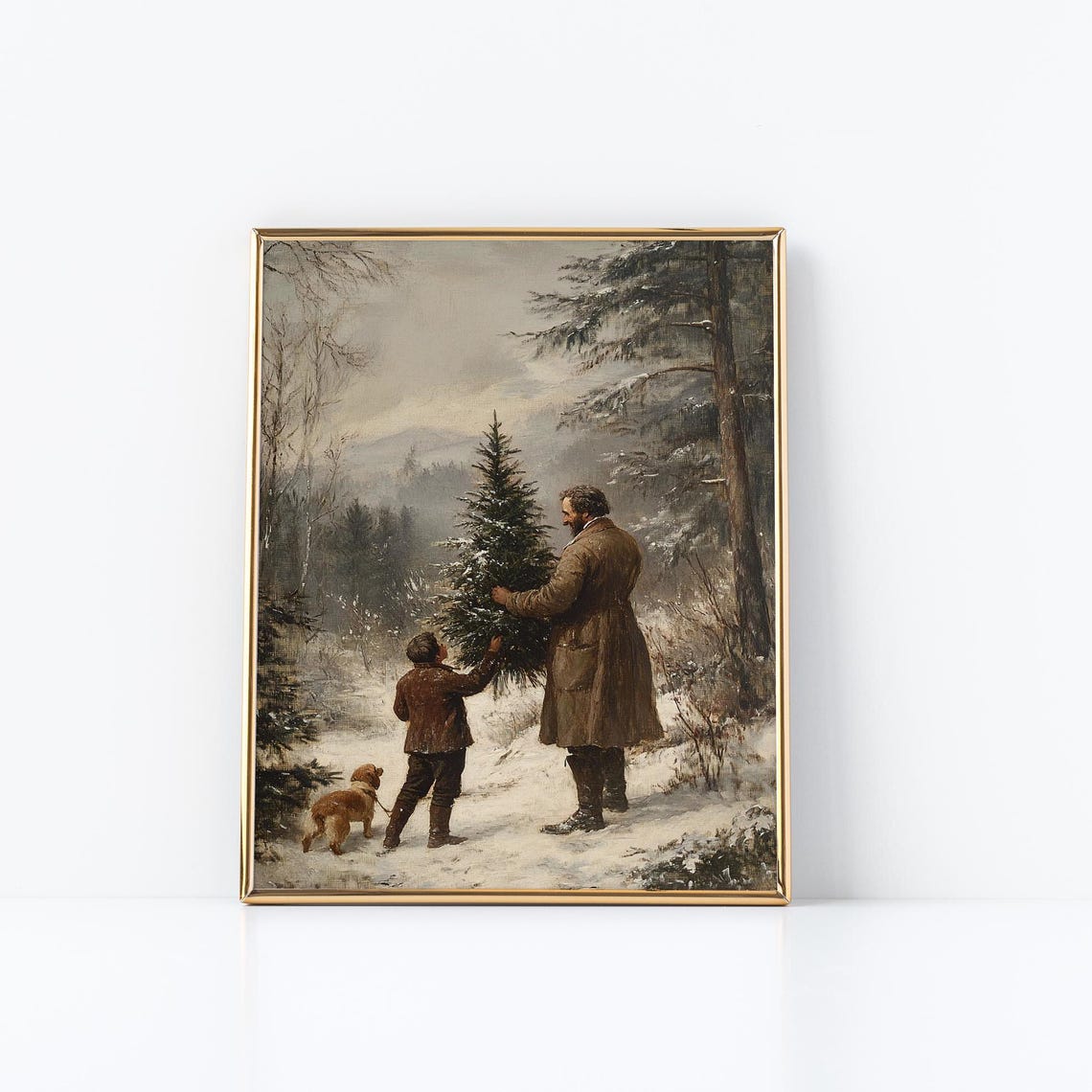 Father Son Christmas Tree Hunt Snowy Forest Vintage Art Poster