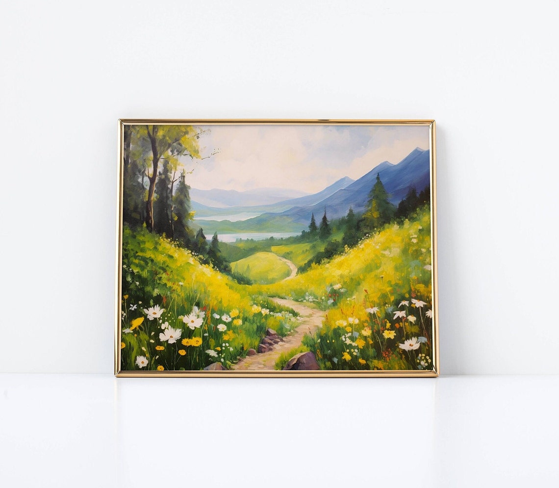 Mountain Meadow Trail Wildflowers Lake View Landscape Poster - Image 2