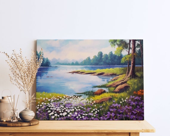 Cottagepunk Serenity Blooming Wild Violets By The Lake Pastoral Scene Art
