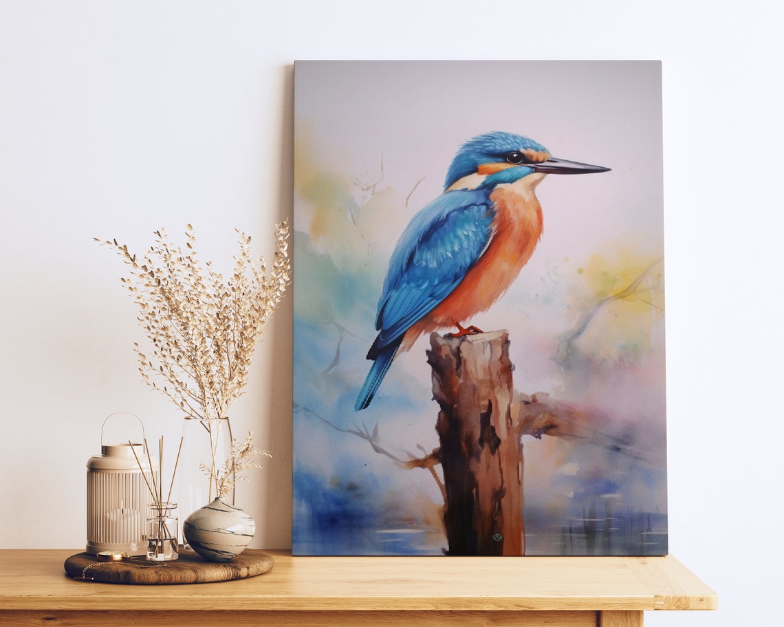 Common Kingfisher Perched On Stump Watercolor Bird Painting Poster