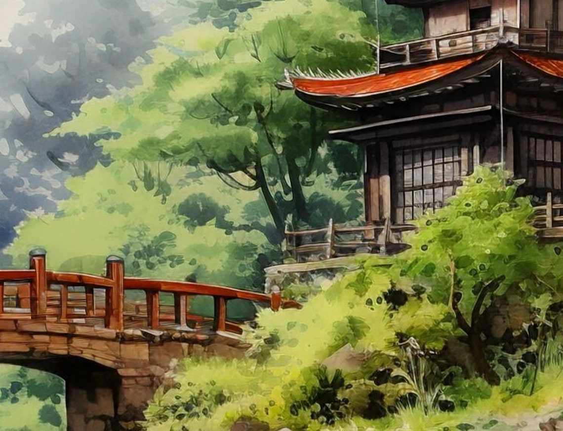 Expressive Watercolor Painting Kyoto Temples Scenery Historical Architecture Art Tranquil Home Decor - Image 2