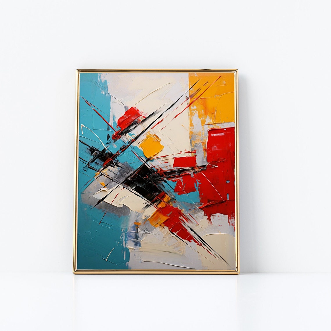 Teal Abstract With Bold Red Yellow Black Dynamic Slash Art Poster - Image 3