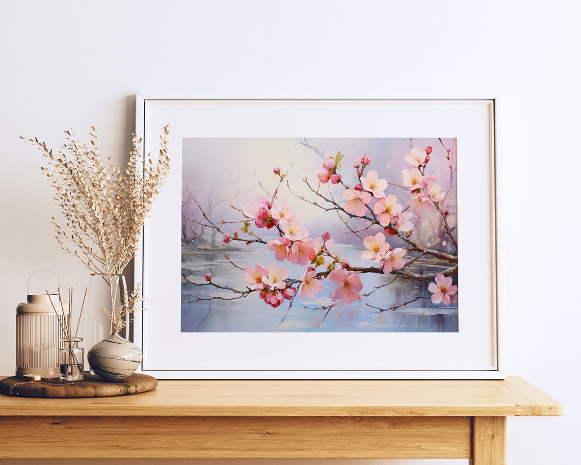 Pink Flowering Branch Over Calm Water Delicate Spring Art Poster