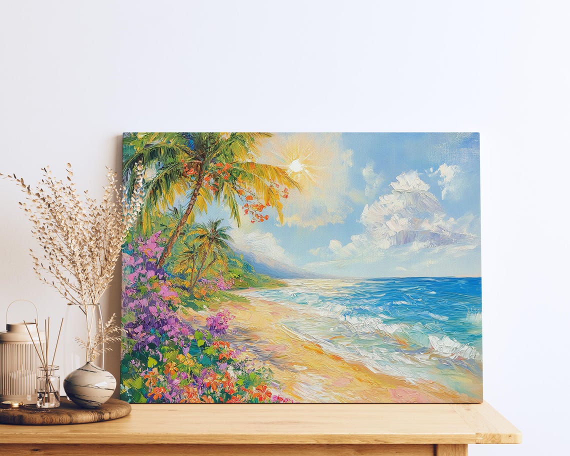 Tropical Beach Palm Trees Flowers Sunny Coast Seascape Poster