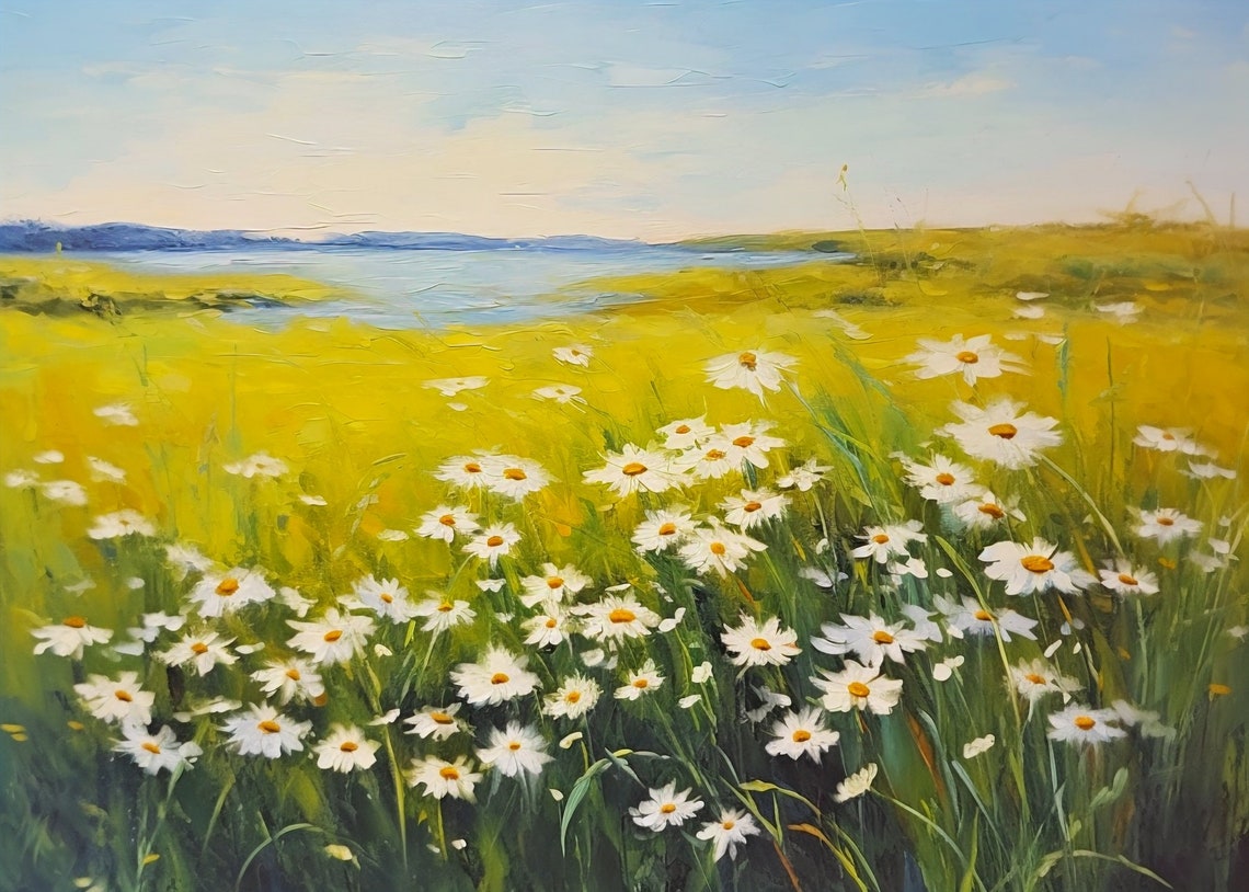 White Daisies Meadow Painting Yellow Field Lake Landscape Poster - Image 3