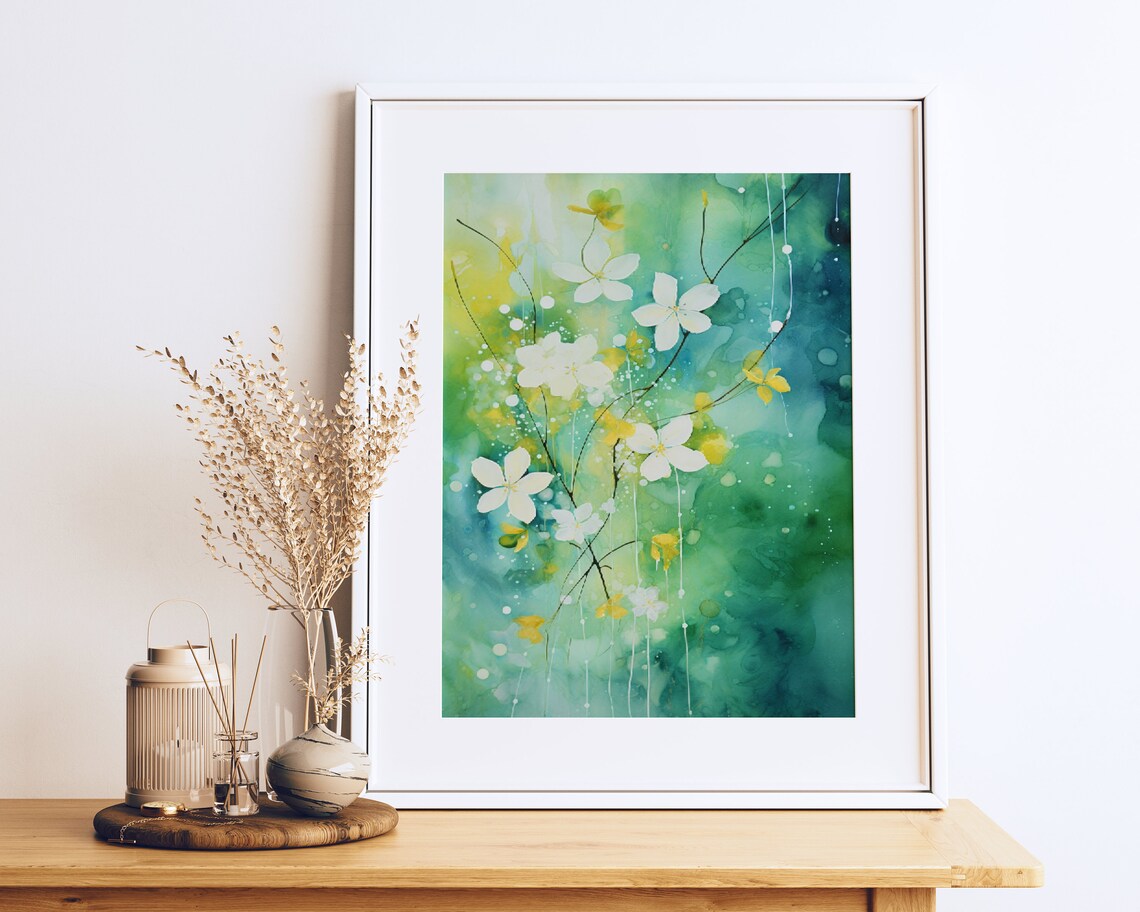White Blossom Flowers Painting Green Watercolor Garden Poster