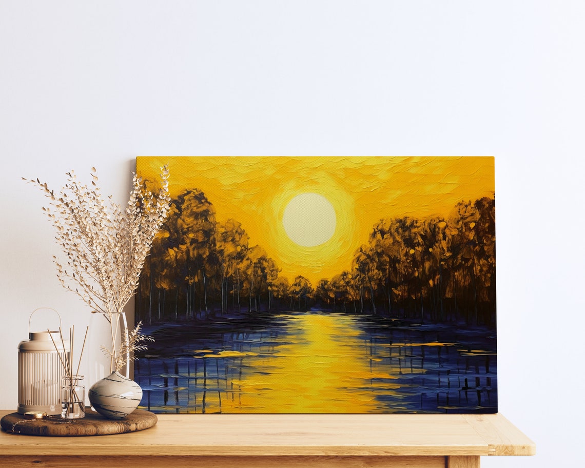 Golden Sun Over River Trees Impressionist Sunset Style Art Poster