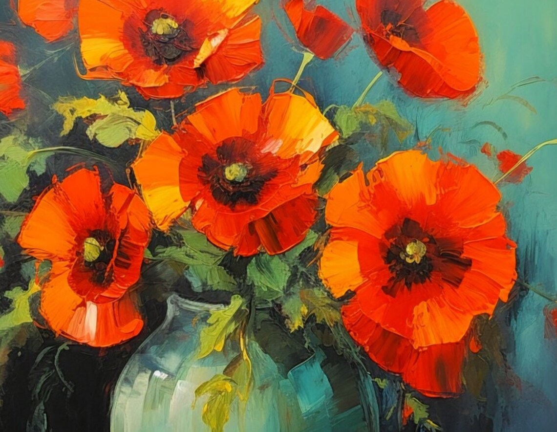 Red Poppy Bouquet In Blue Vase Moody Still Life Oil Painting Poster - Image 3