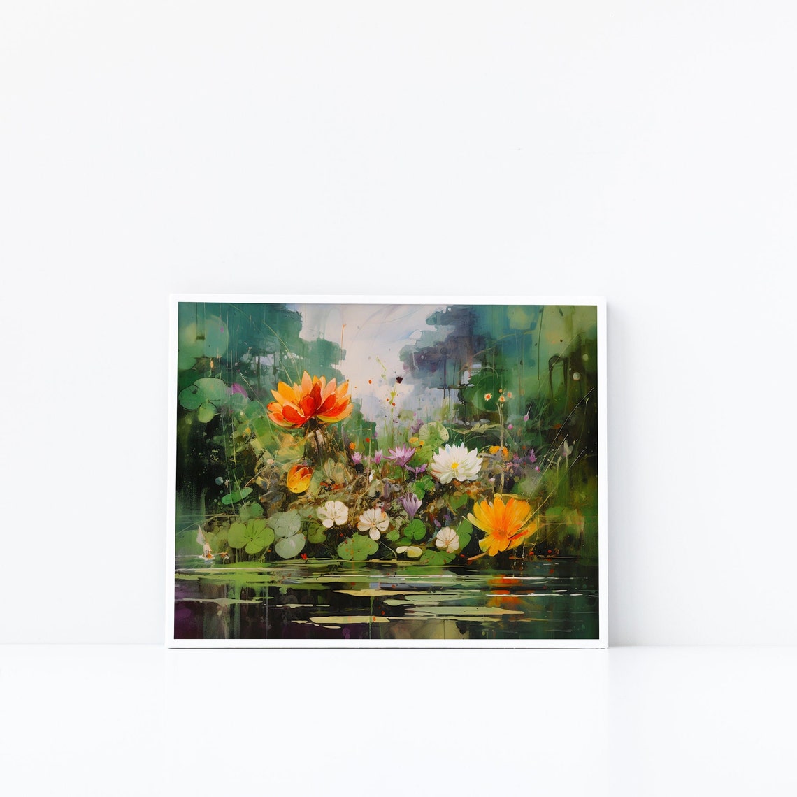 Lotus Flowers Pond Reflection Lush Green Nature Painting Poster - Image 2