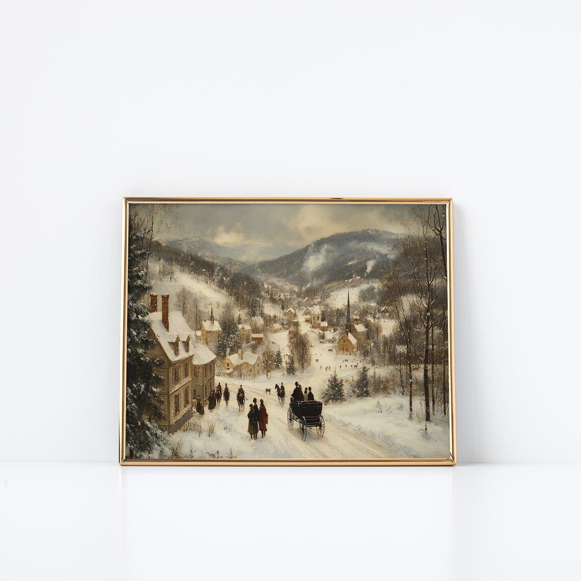 Oil Painting Of Victorian Winter Nostalgic Snow Scene Historical New England Village Christmas Holiday Art Wall Art